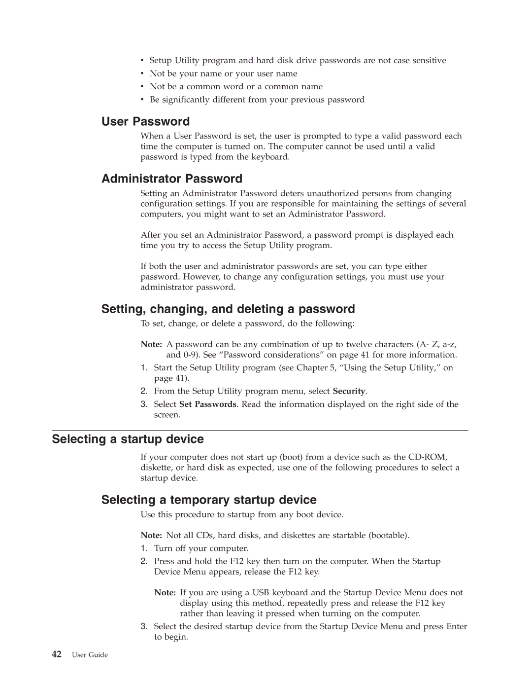 Lenovo 8791 User Password, Administrator Password, Setting, changing, and deleting a password, Selecting a startup device 