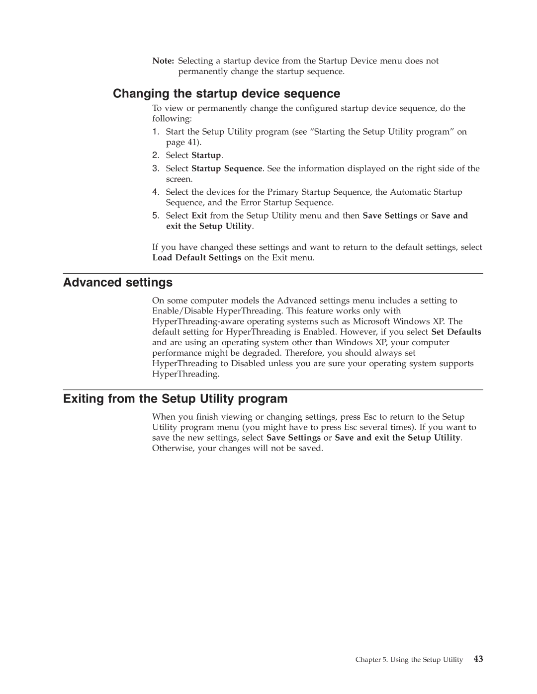 Lenovo 8807, 8009, 8795 Changing the startup device sequence, Advanced settings, Exiting from the Setup Utility program 