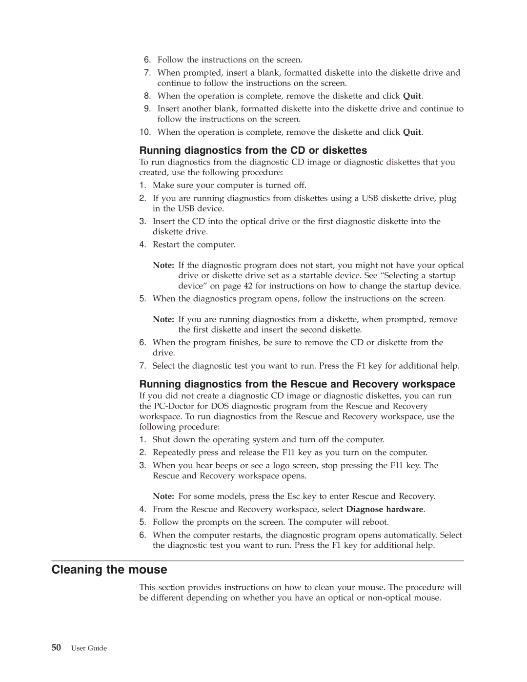 Lenovo 8807, 8009, 8795, 8791, 8803, 8799, 8812 manual Cleaning the mouse, Running diagnostics from the CD or diskettes 
