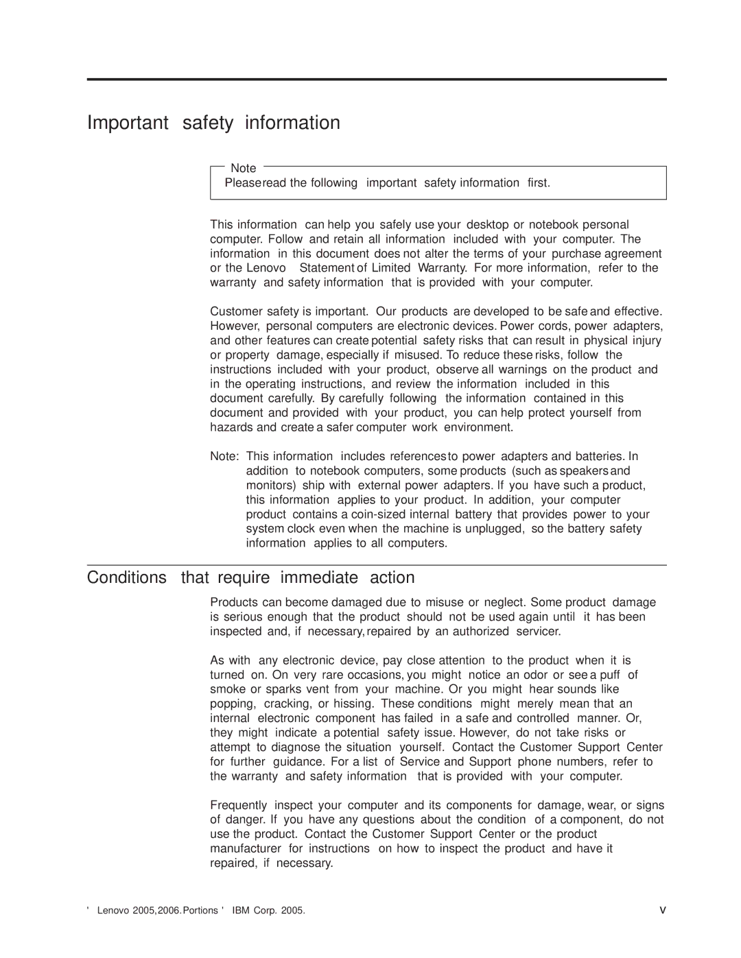 Lenovo 8009, 8795, 8791, 8807, 8803, 8799, 8812 manual Important safety information, Conditions that require immediate action 