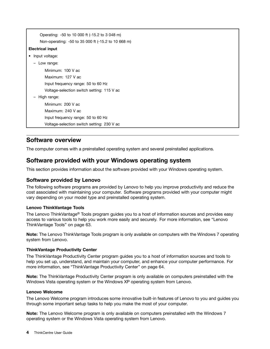 Lenovo 804 manual Software overview, Software provided with your Windows operating system, Lenovo ThinkVantage Tools 