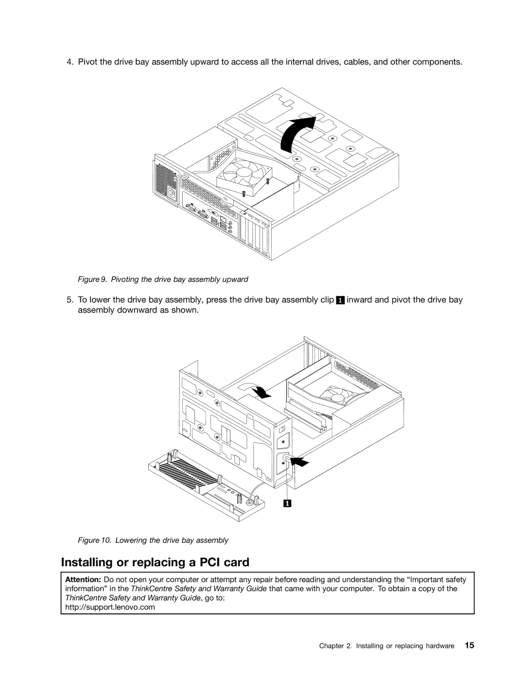 Lenovo 804 manual Installing or replacing a PCI card, Pivoting the drive bay assembly upward 