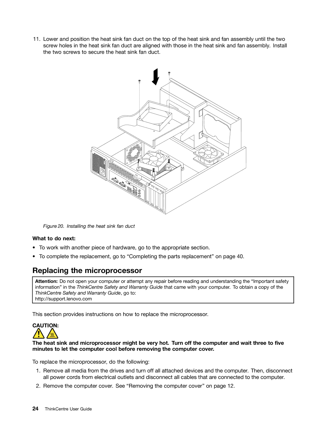 Lenovo 804 manual Replacing the microprocessor, Installing the heat sink fan duct 