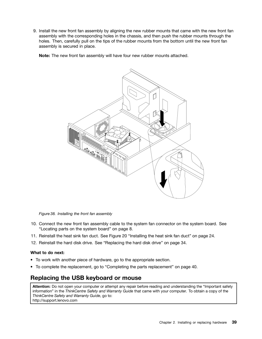 Lenovo 804 manual Replacing the USB keyboard or mouse, Installing the front fan assembly 