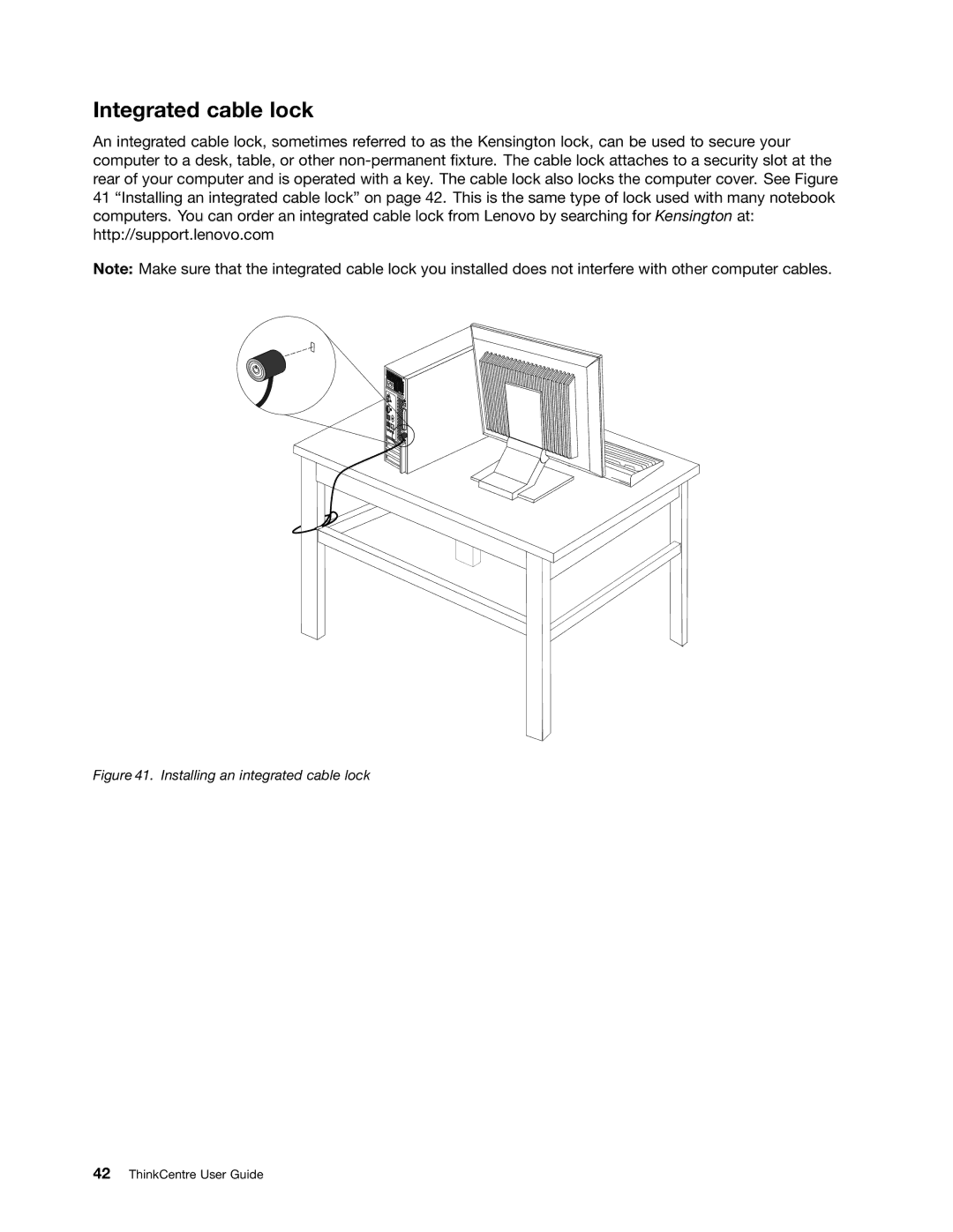 Lenovo 804 manual Integrated cable lock, Installing an integrated cable lock 