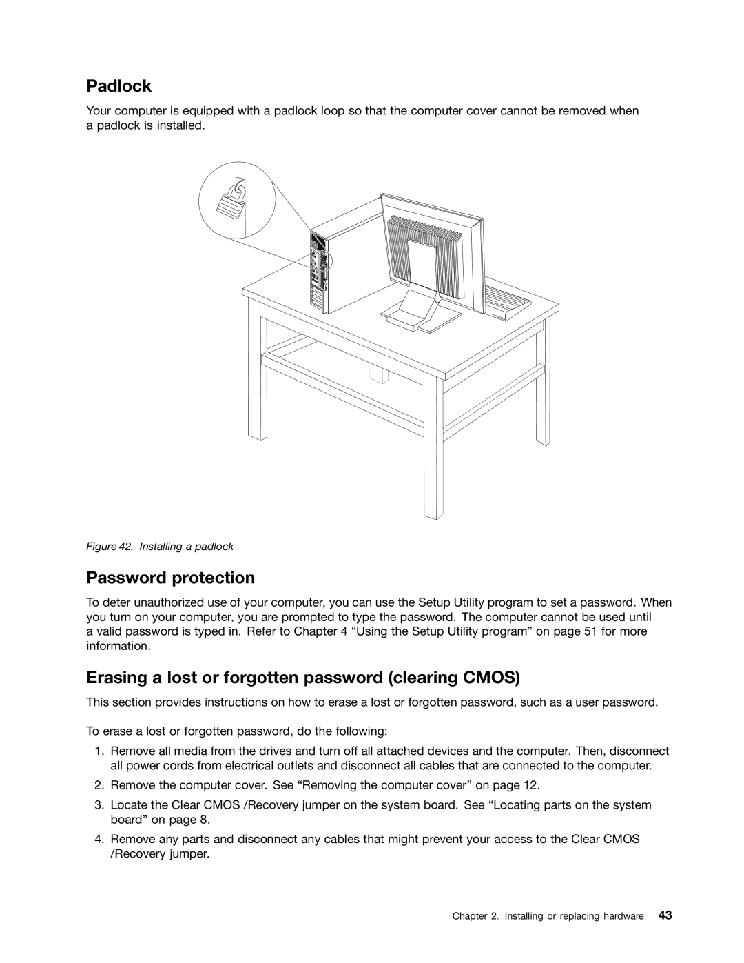 Lenovo 804 manual Padlock, Password protection, Erasing a lost or forgotten password clearing Cmos 