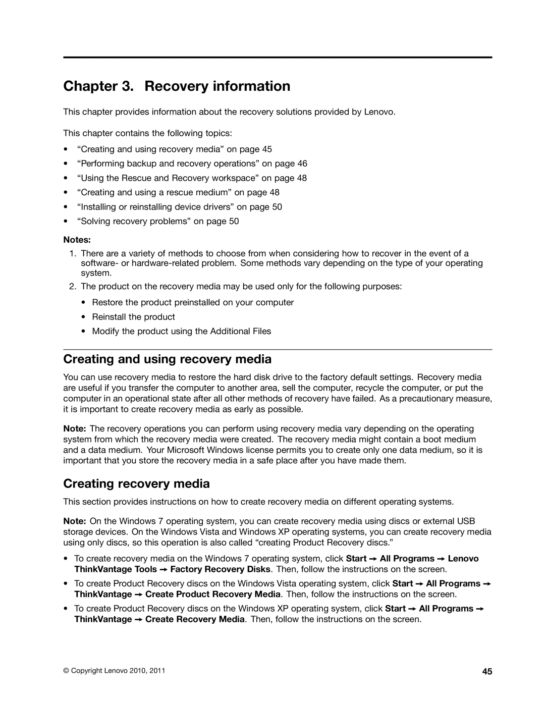 Lenovo 804 manual Recovery information, Creating and using recovery media, Creating recovery media 