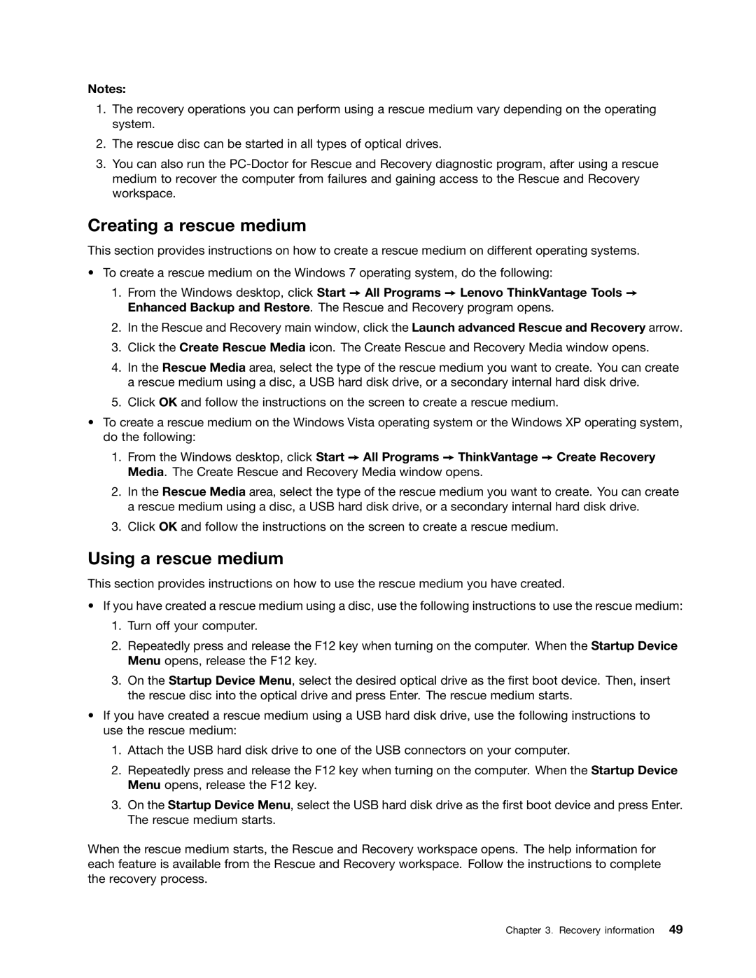 Lenovo 804 manual Creating a rescue medium, Using a rescue medium 