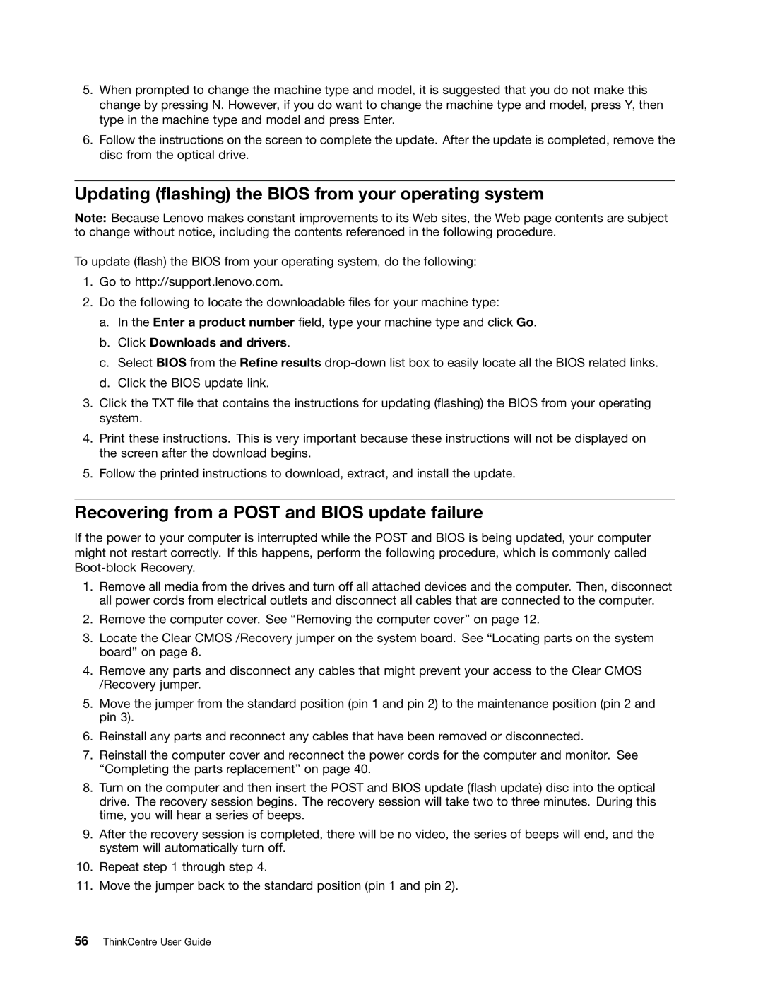 Lenovo 804 manual Updating flashing the Bios from your operating system, Recovering from a Post and Bios update failure 