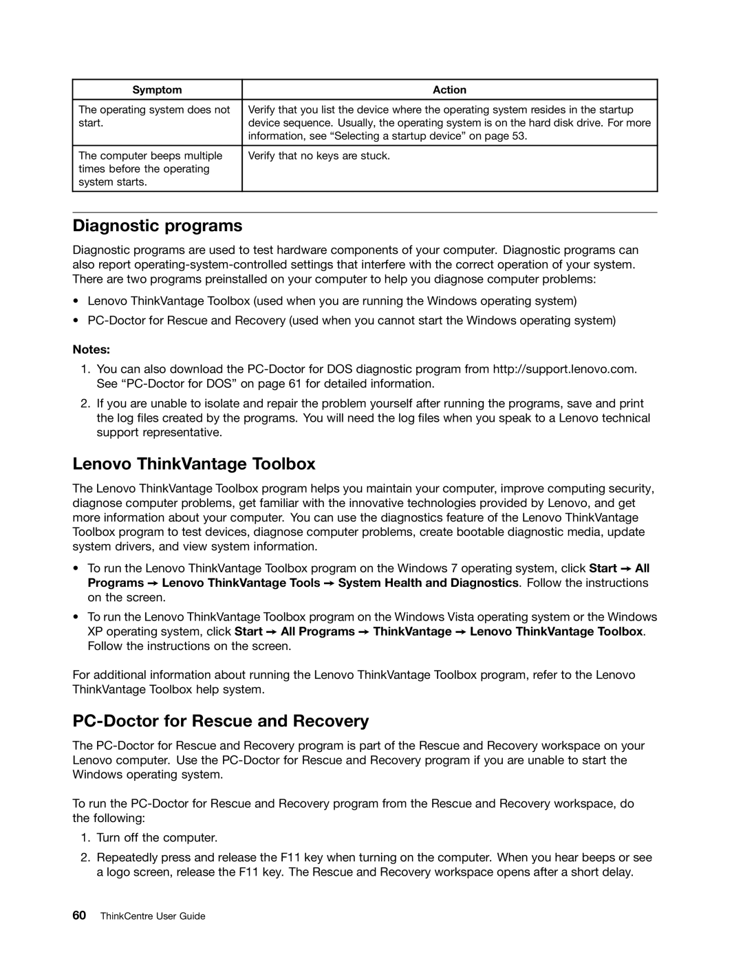 Lenovo 804 manual Diagnostic programs, Lenovo ThinkVantage Toolbox, PC-Doctor for Rescue and Recovery 