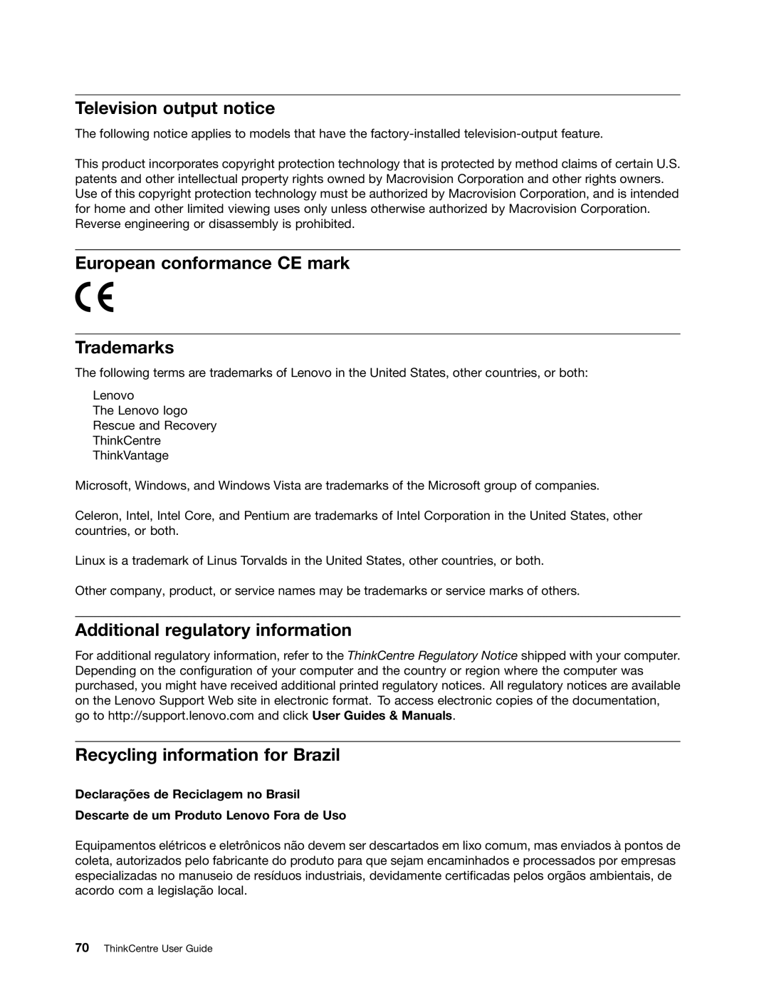 Lenovo 804 manual Television output notice, European conformance CE mark Trademarks 