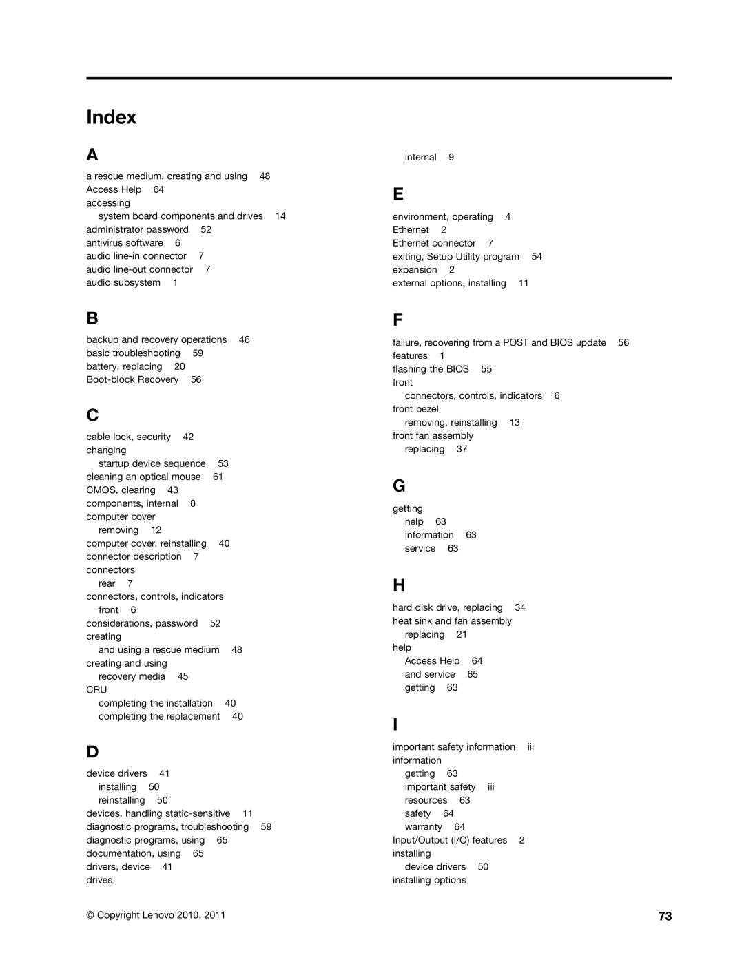 Lenovo 804 manual Index, Cru 