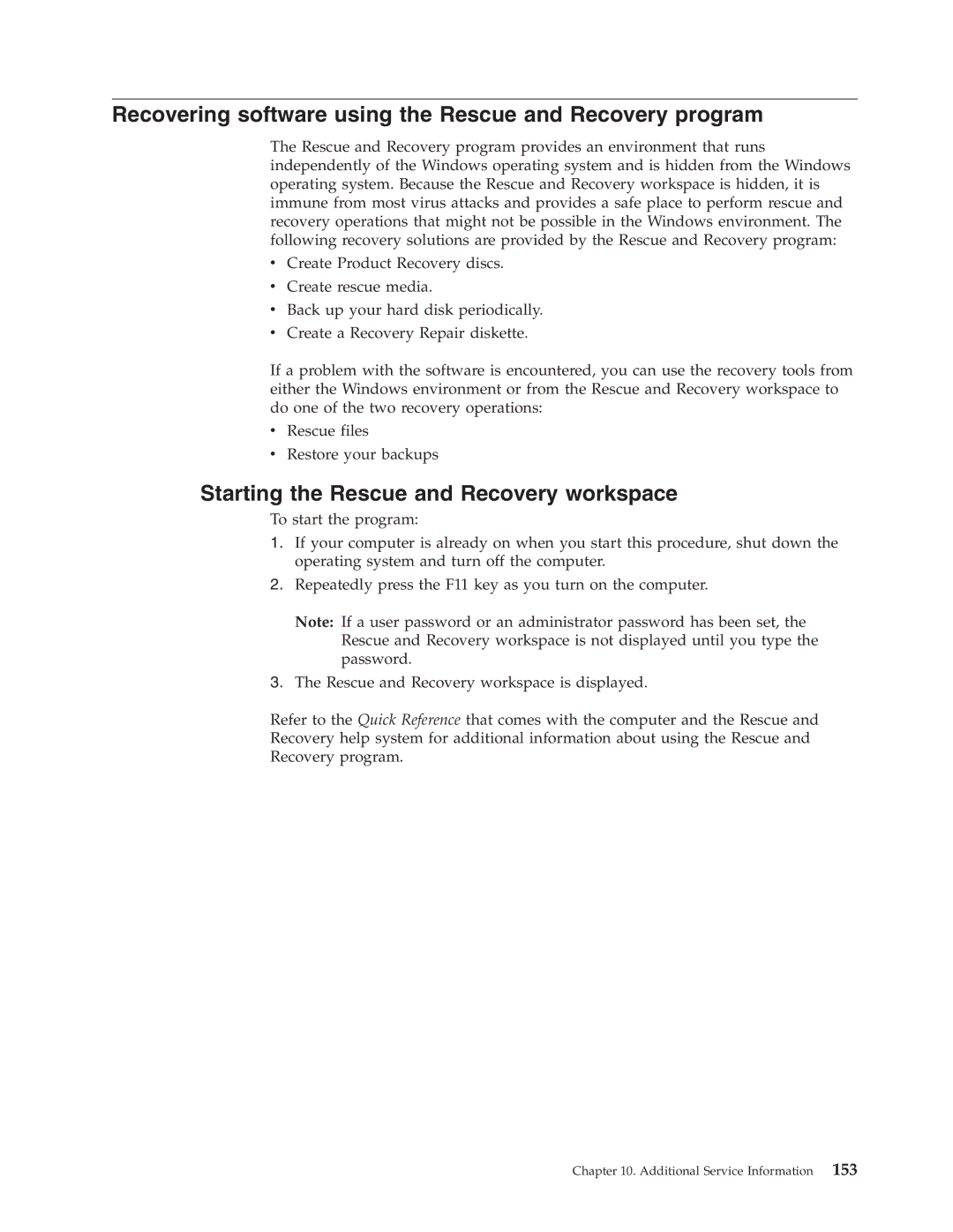 Lenovo 8090, 8094 Recovering software using the Rescue and Recovery program, Starting the Rescue and Recovery workspace 