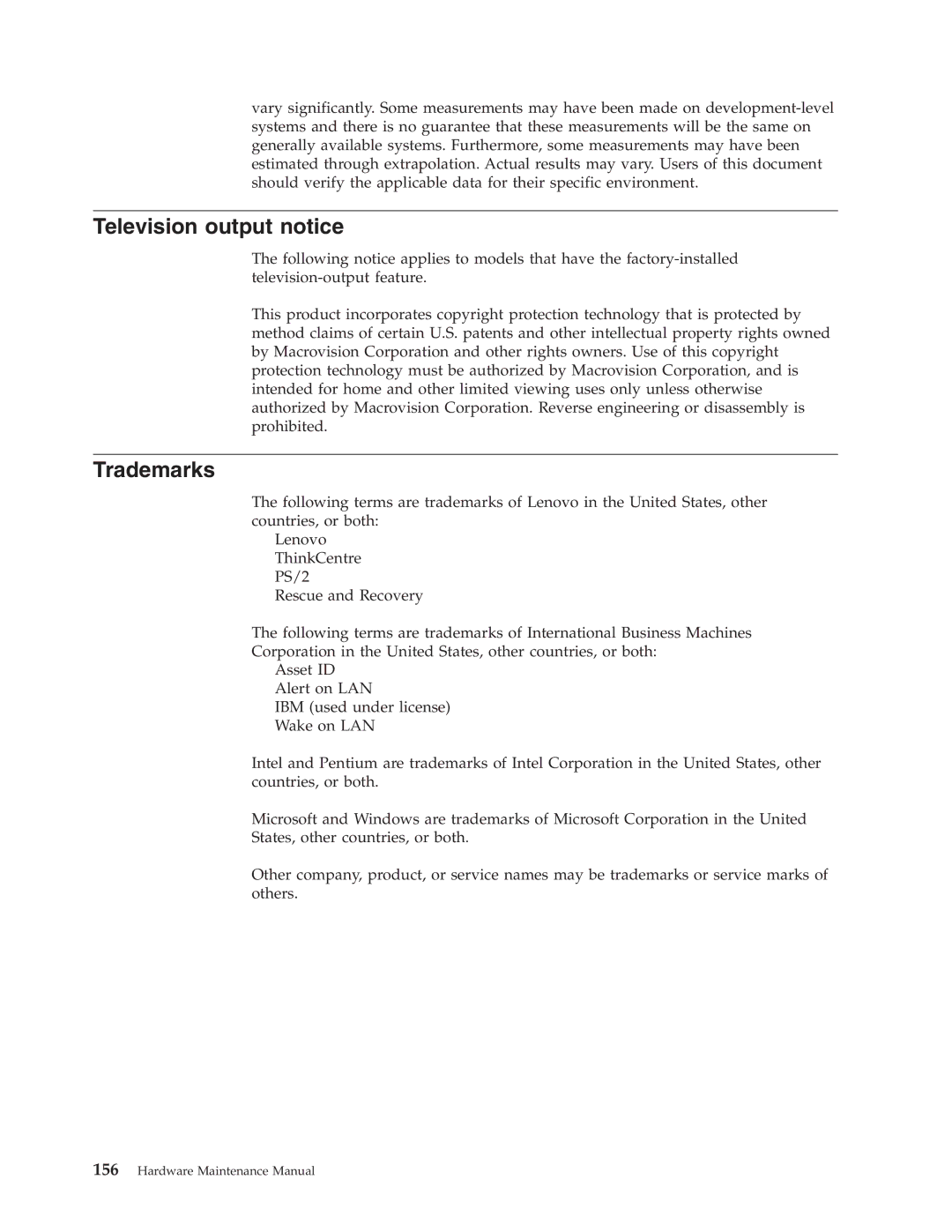 Lenovo 8094, 8089, 8088, 8090, 8087, 8086 manual Television output notice, Trademarks 