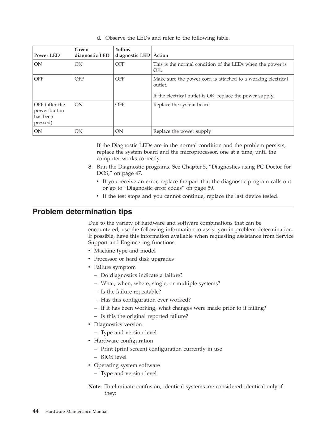 Lenovo 8088, 8094, 8089, 8090, 8087, 8086 manual Problem determination tips, Green Yellow Power LED Diagnostic LED Action 