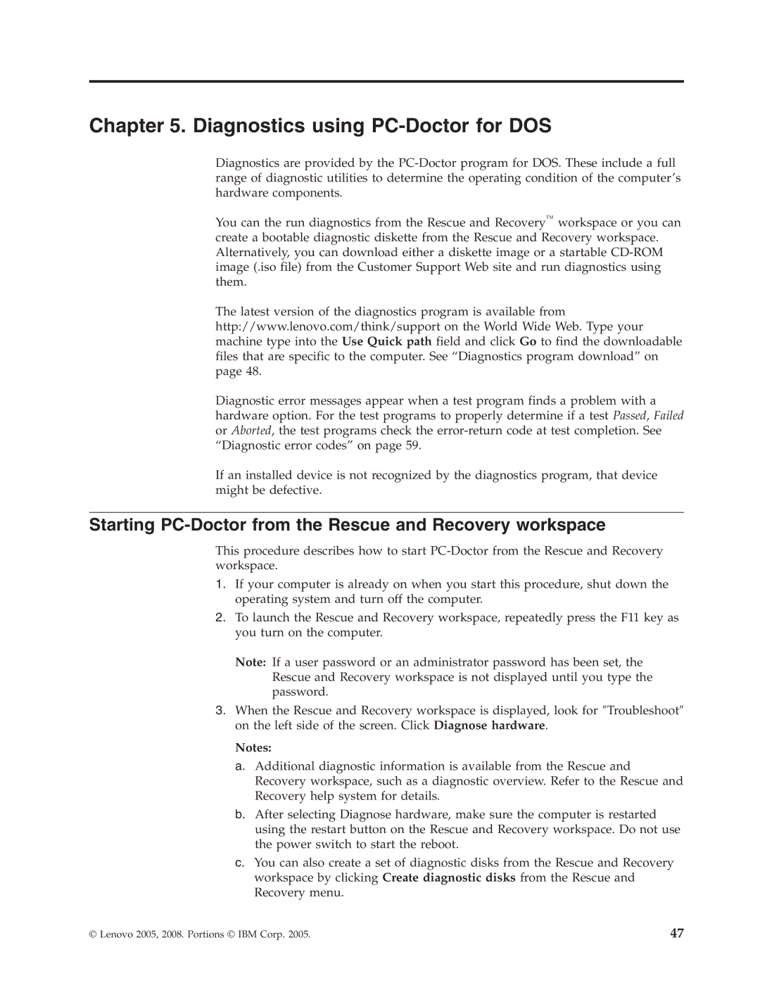 Lenovo 8086, 8094, 8089, 8088 Diagnostics using PC-Doctor for DOS, Starting PC-Doctor from the Rescue and Recovery workspace 