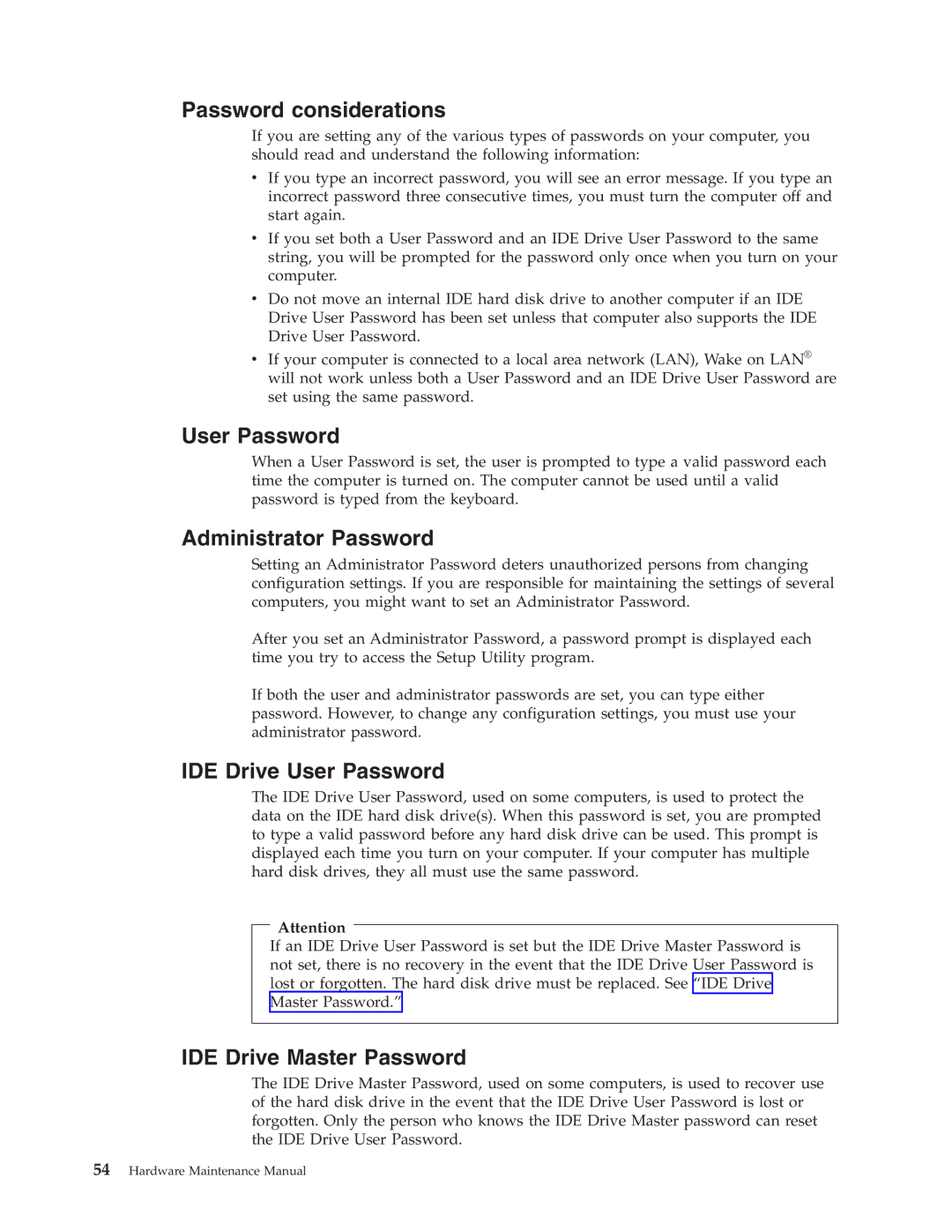 Lenovo 8094, 8089 Password considerations, Administrator Password, IDE Drive User Password, IDE Drive Master Password 