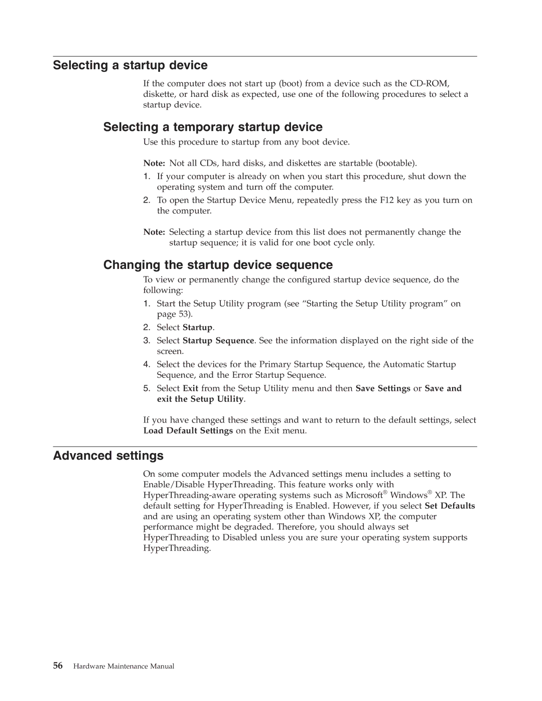 Lenovo 8088, 8094 Selecting a startup device, Selecting a temporary startup device, Changing the startup device sequence 