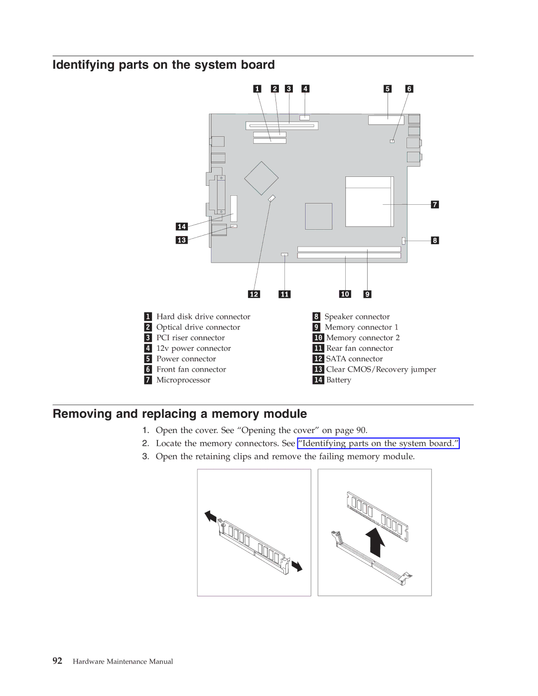 Lenovo 8088, 8094, 8089, 8090, 8087, 8086 manual Identifying parts on the system board, Removing and replacing a memory module 