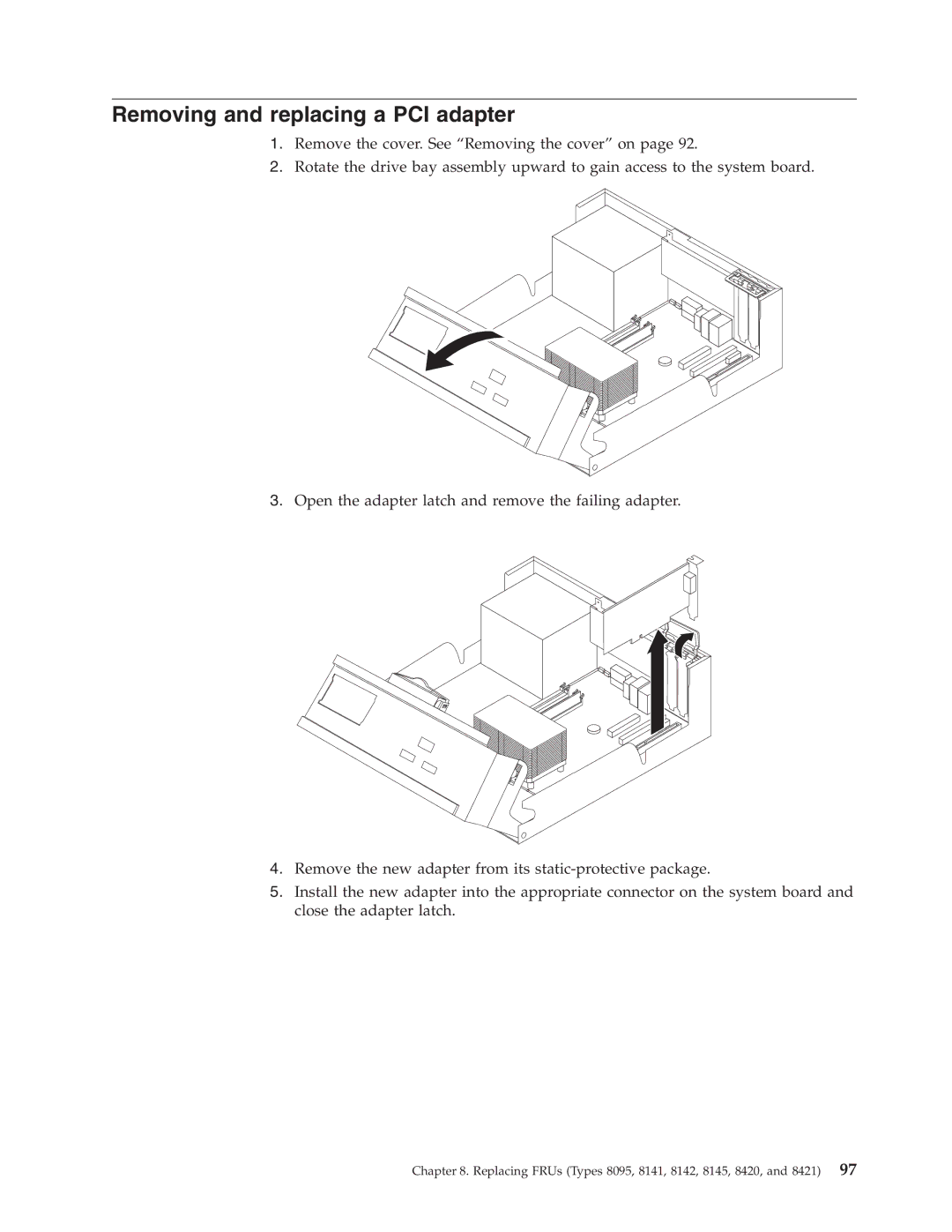 Lenovo 8098 manual Removing and replacing a PCI adapter 