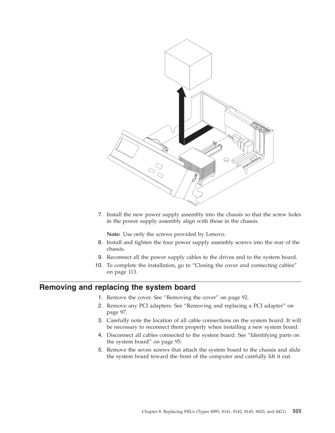 Lenovo 8098 manual Removing and replacing the system board 