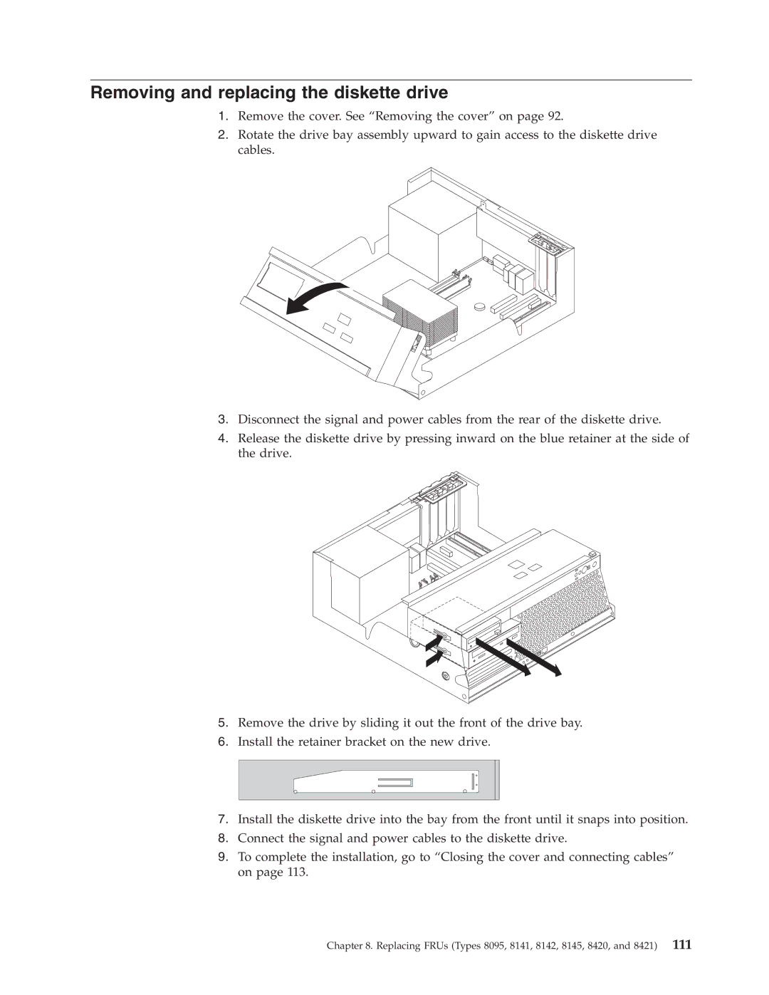 Lenovo 8098 manual Removing and replacing the diskette drive 