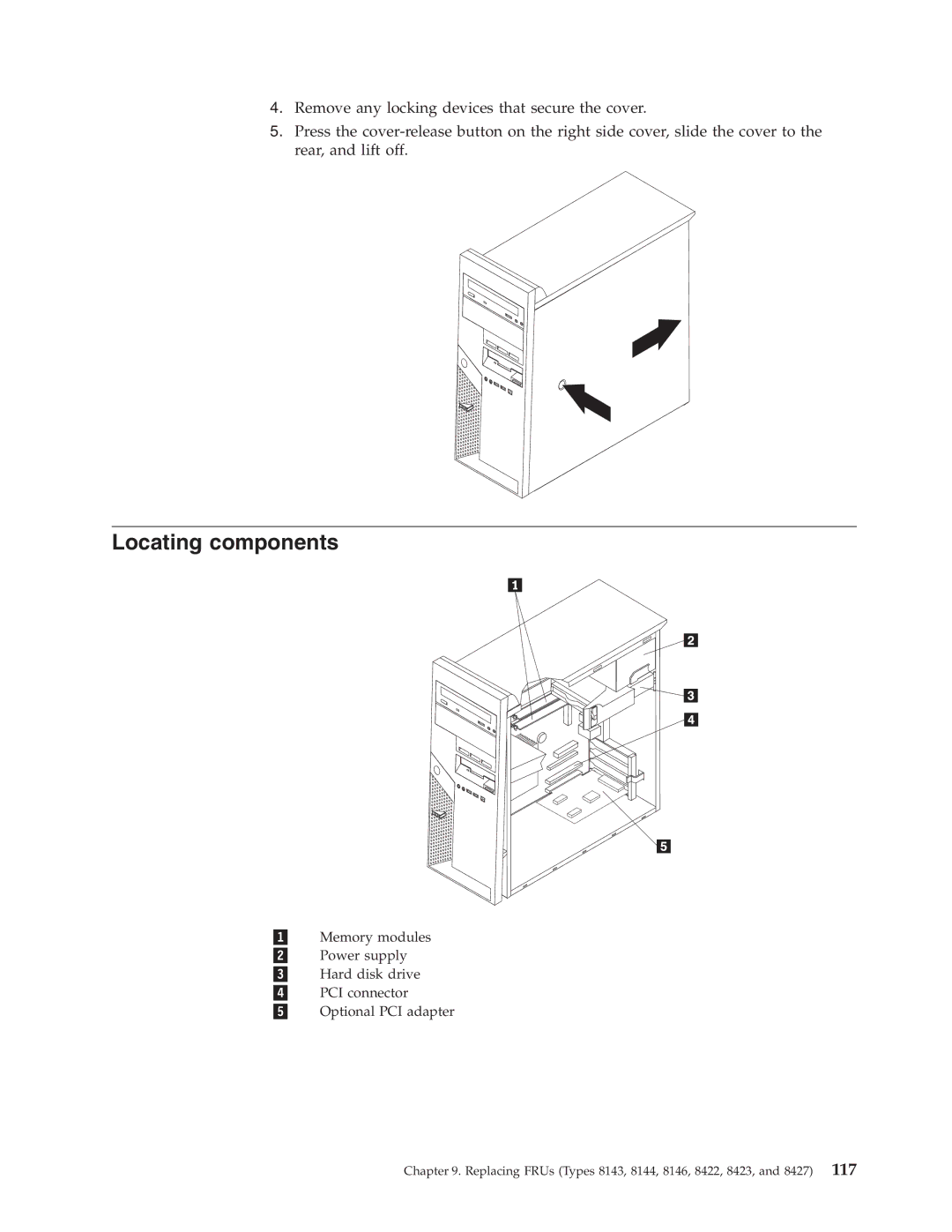 Lenovo 8098 manual Replacing FRUs Types 8143, 8144, 8146, 8422, 8423, and 8427 