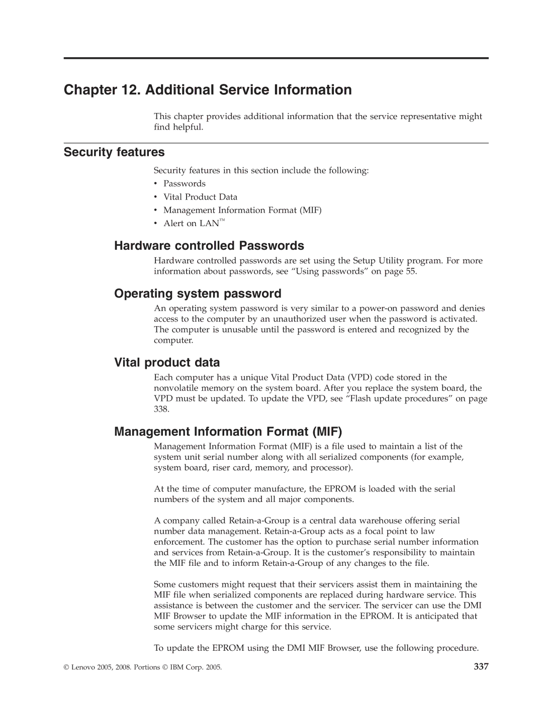 Lenovo 8098 manual Security features, Hardware controlled Passwords, Operating system password, Vital product data 