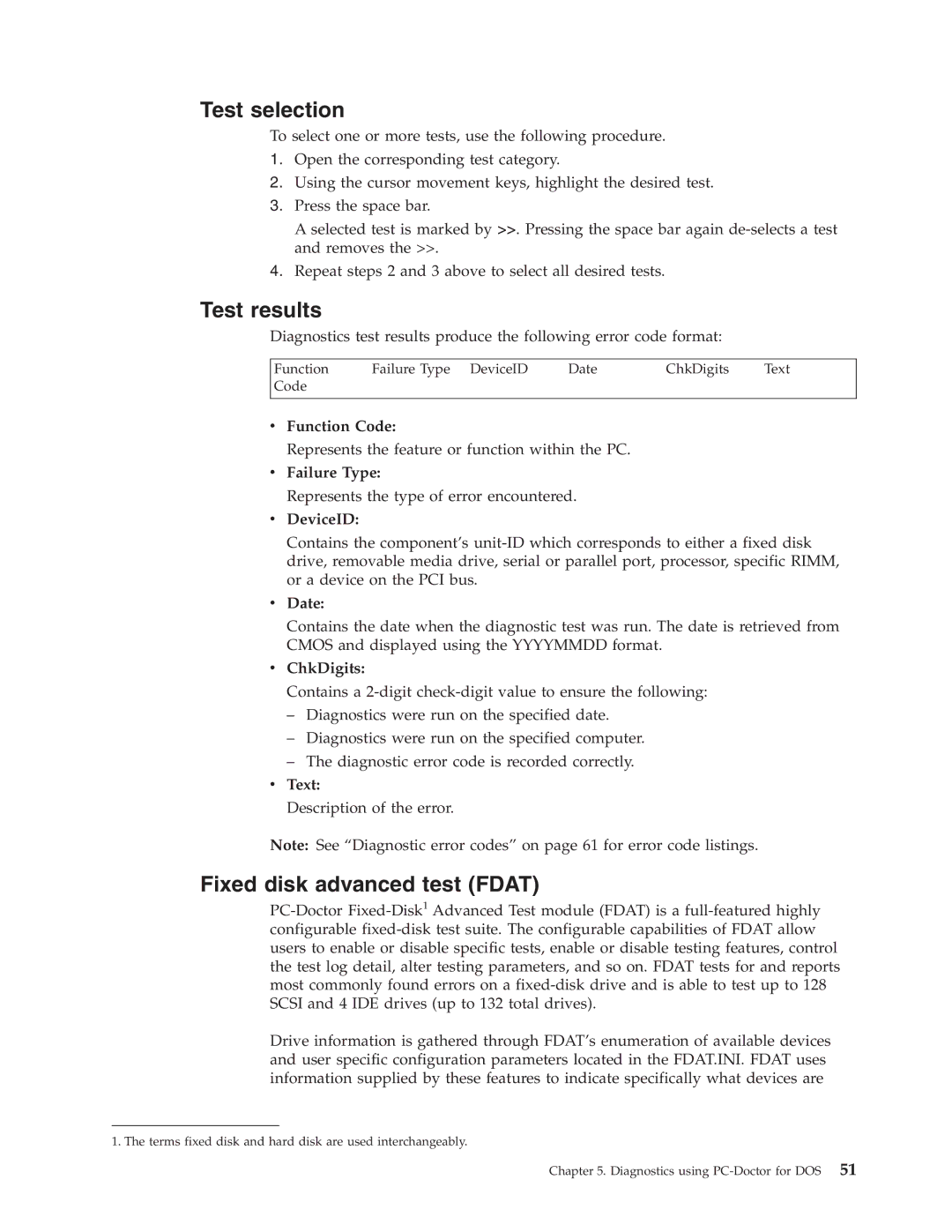 Lenovo 8098 manual Test selection, Test results, Fixed disk advanced test Fdat 