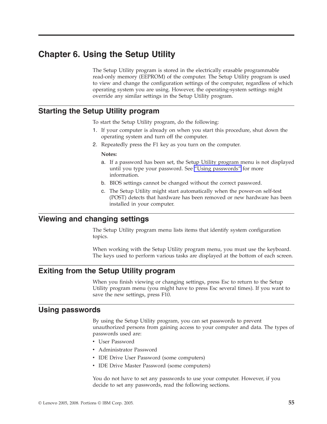 Lenovo 8098 Starting the Setup Utility program, Viewing and changing settings, Exiting from the Setup Utility program 