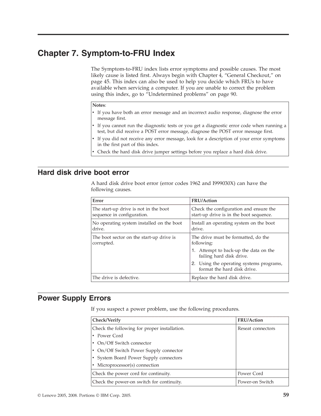 Lenovo 8098 manual Hard disk drive boot error, Power Supply Errors, Error FRU/Action, Check/Verify FRU/Action 