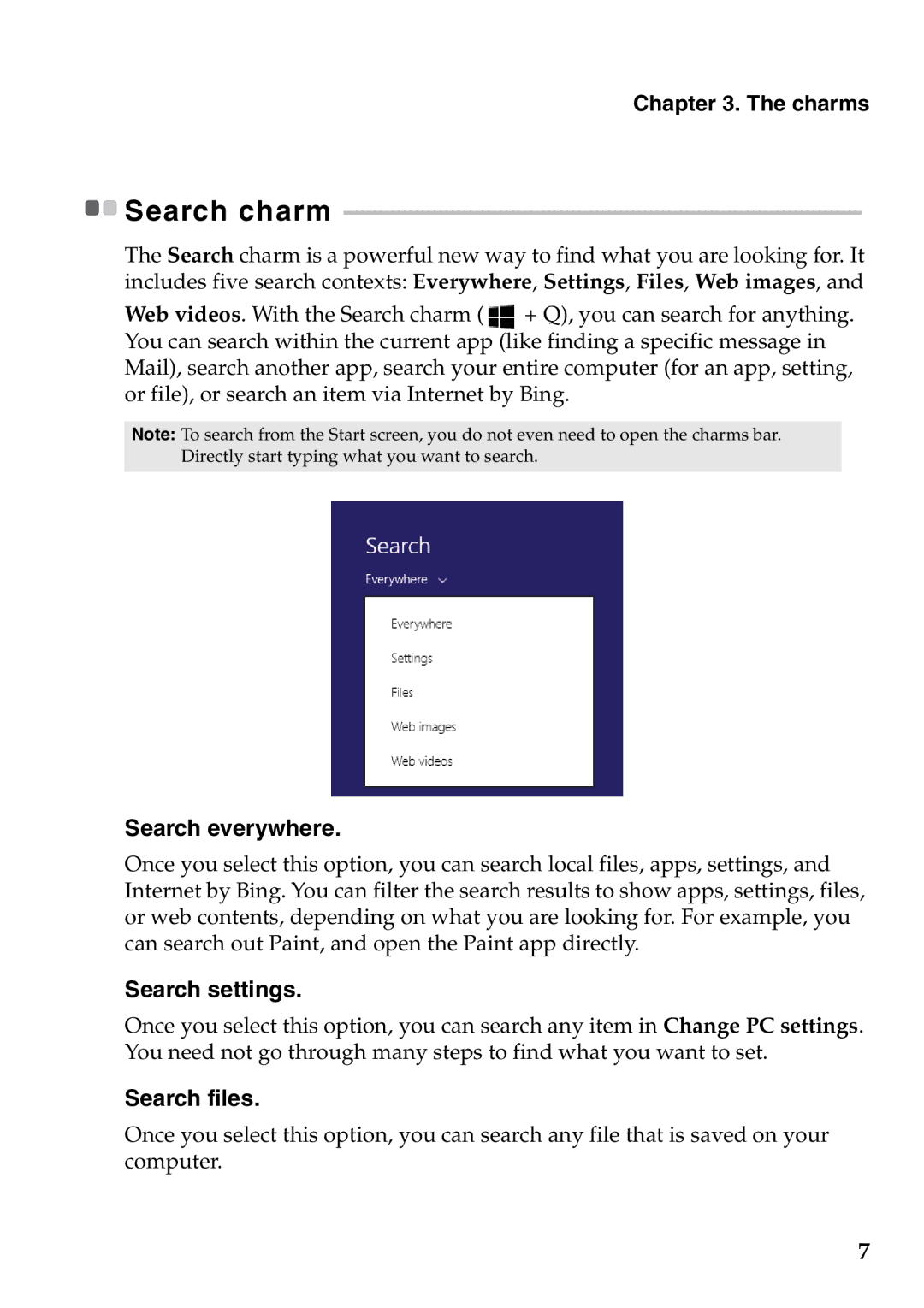 Lenovo 8.1 and up manual Search everywhere, Search charm 