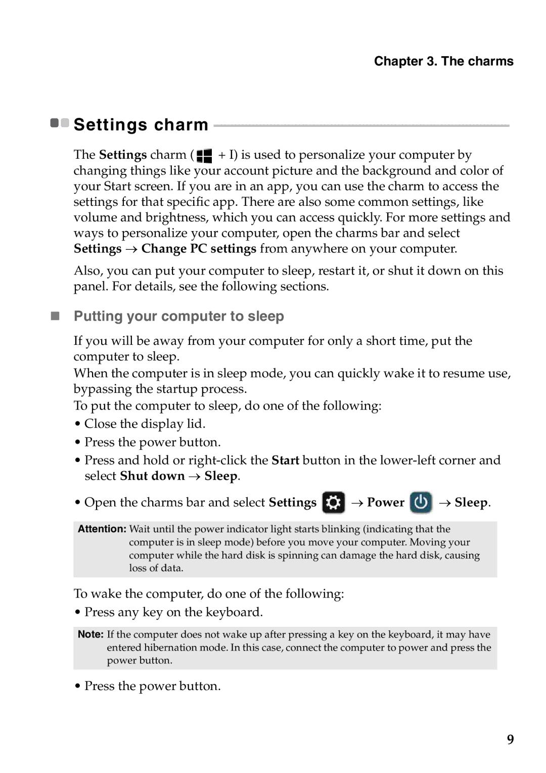 Lenovo 8.1 and up manual „ Putting your computer to sleep, Settings charm 