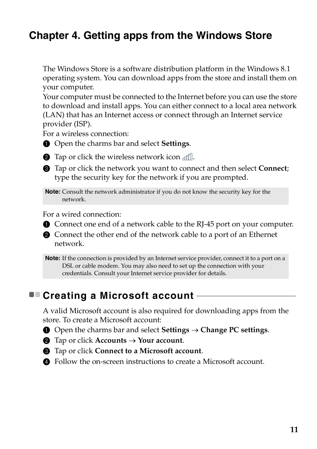 Lenovo 8.1 and up manual Getting apps from the Windows Store, Creating a Microsoft account 