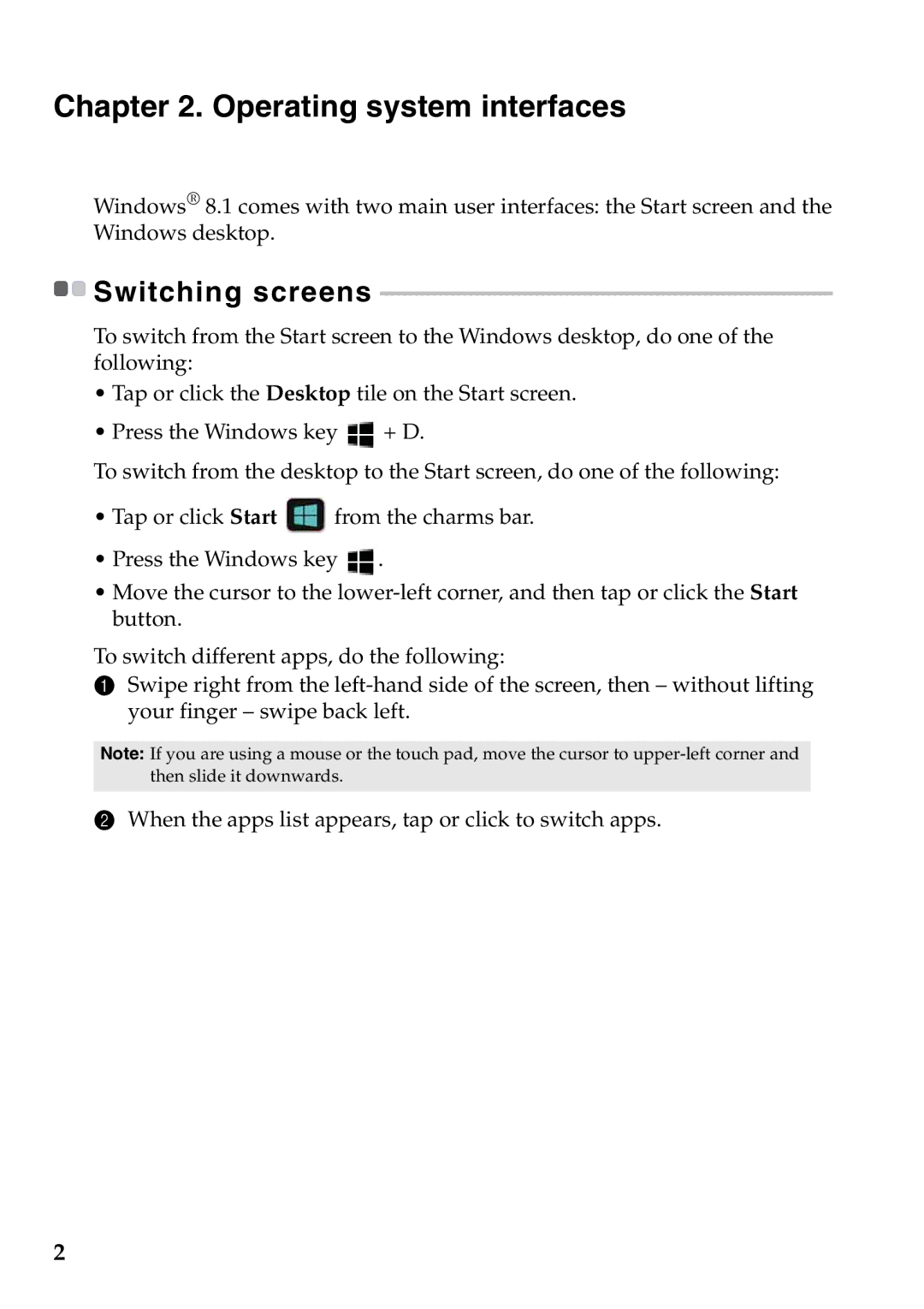 Lenovo 8.1 and up manual Operating system interfaces, Switching screens 