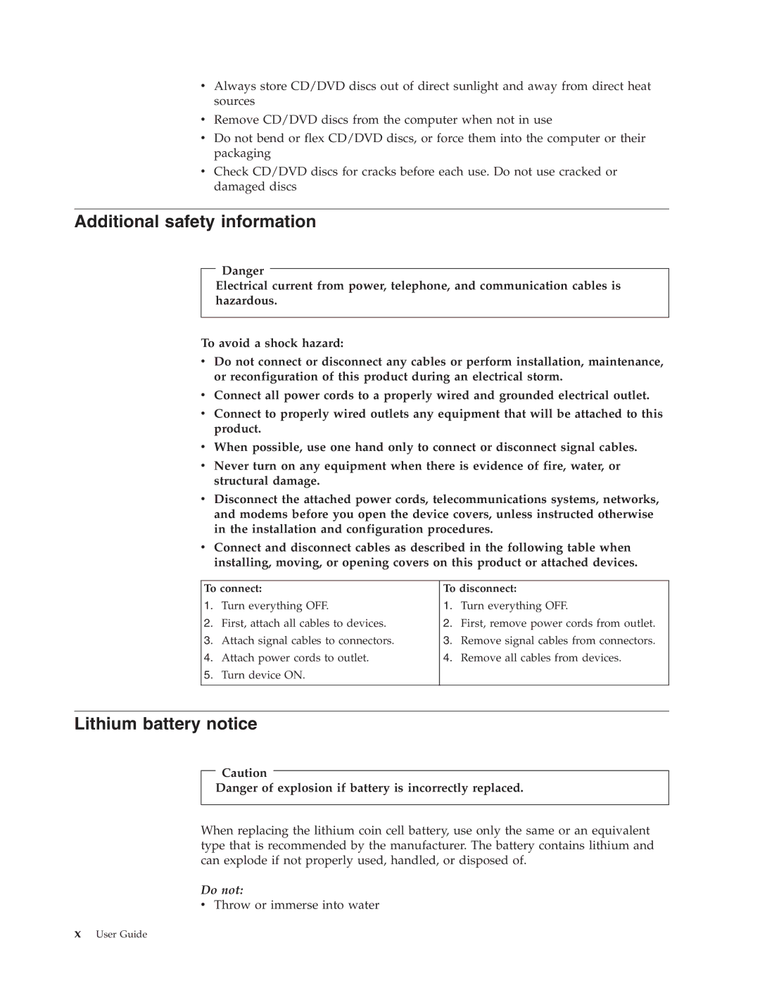 Lenovo 8119, 8121, 8120, 8107, 8105, 8109, 8108 Additional safety information, Lithium battery notice, To connect To disconnect 