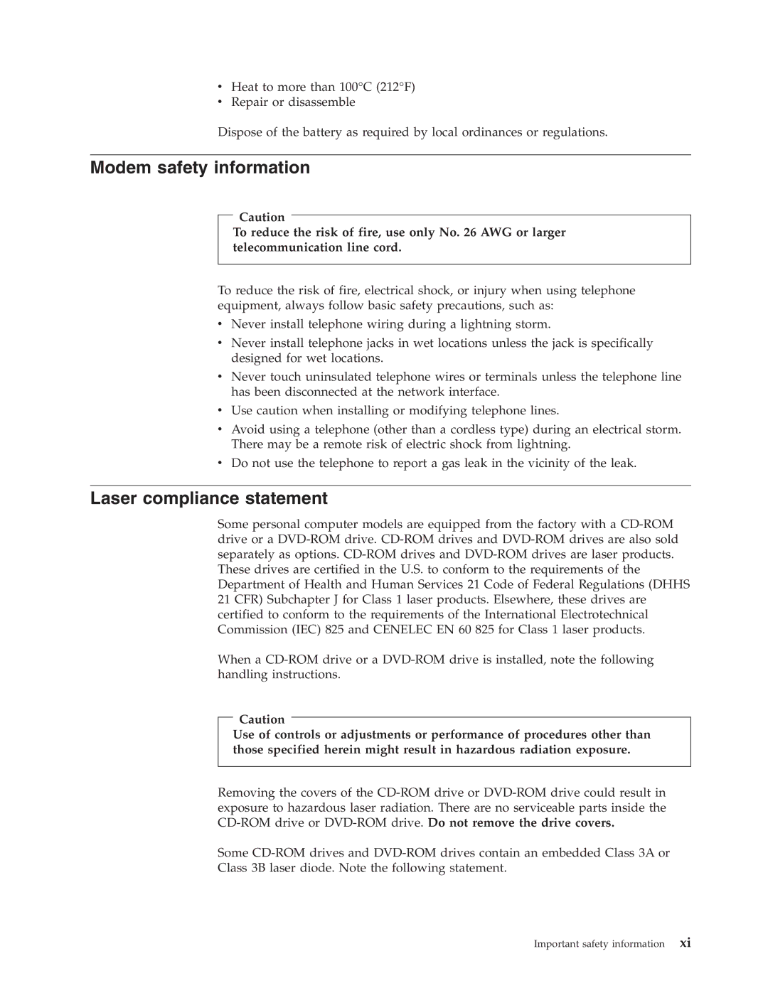 Lenovo 8120, 8121, 8119, 8107, 8105, 8109, 8108, 8104, 8118, 8117, 8106 manual Modem safety information, Laser compliance statement 