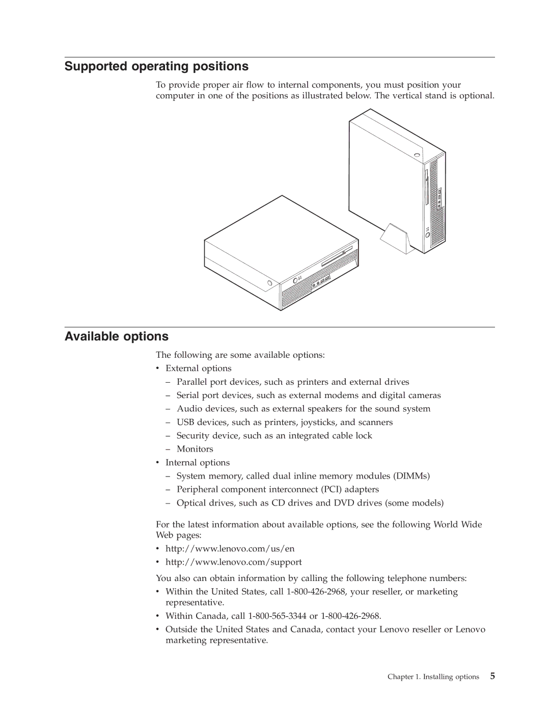 Lenovo 8106, 8121, 8119, 8120, 8107, 8105, 8109, 8108, 8104, 8118, 8117 manual Supported operating positions, Available options 