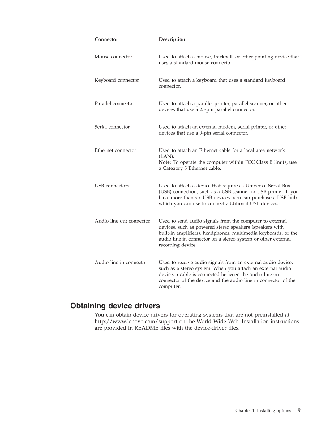 Lenovo 8107, 8121, 8119, 8120, 8105, 8109, 8108, 8104, 8118, 8117, 8106 manual Obtaining device drivers, Connector Description 