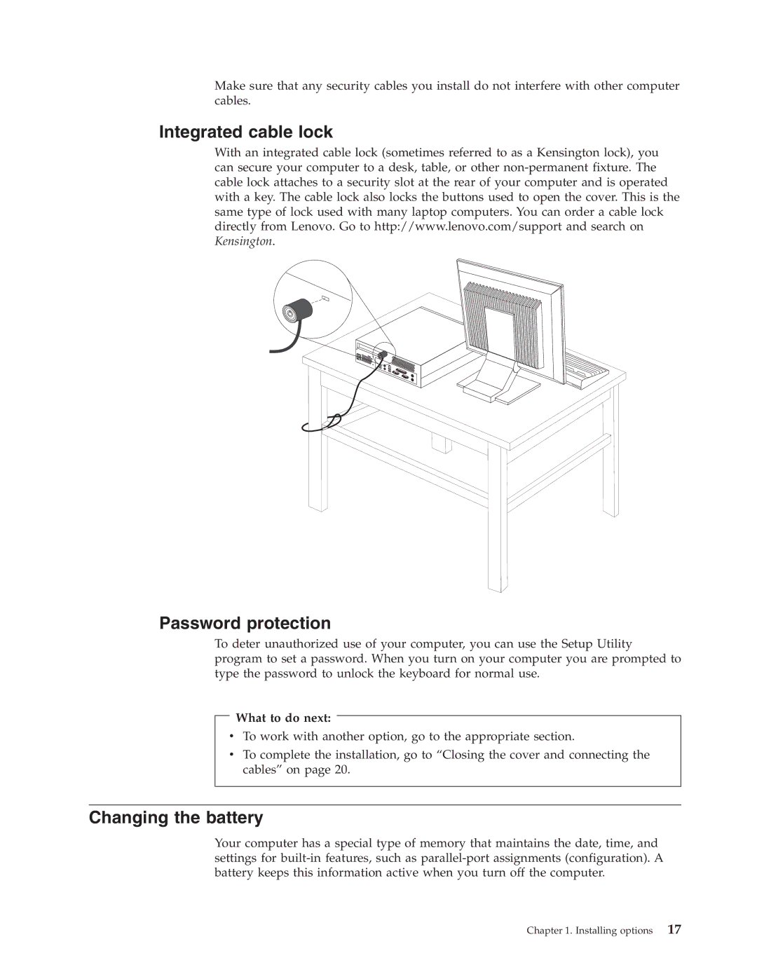 Lenovo 8121, 8119, 8120, 8107, 8105, 8109, 8108, 8104, 8118, 8117 Integrated cable lock Password protection, Changing the battery 