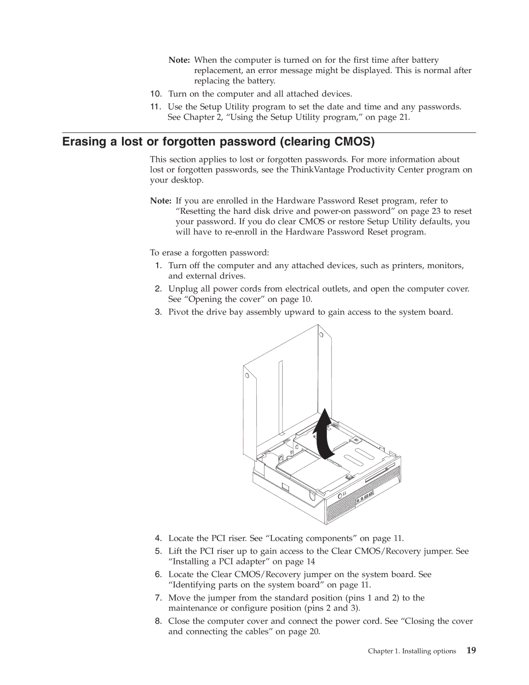 Lenovo 8120, 8121, 8119, 8107, 8105, 8109, 8108, 8104, 8118, 8117, 8106 manual Erasing a lost or forgotten password clearing Cmos 