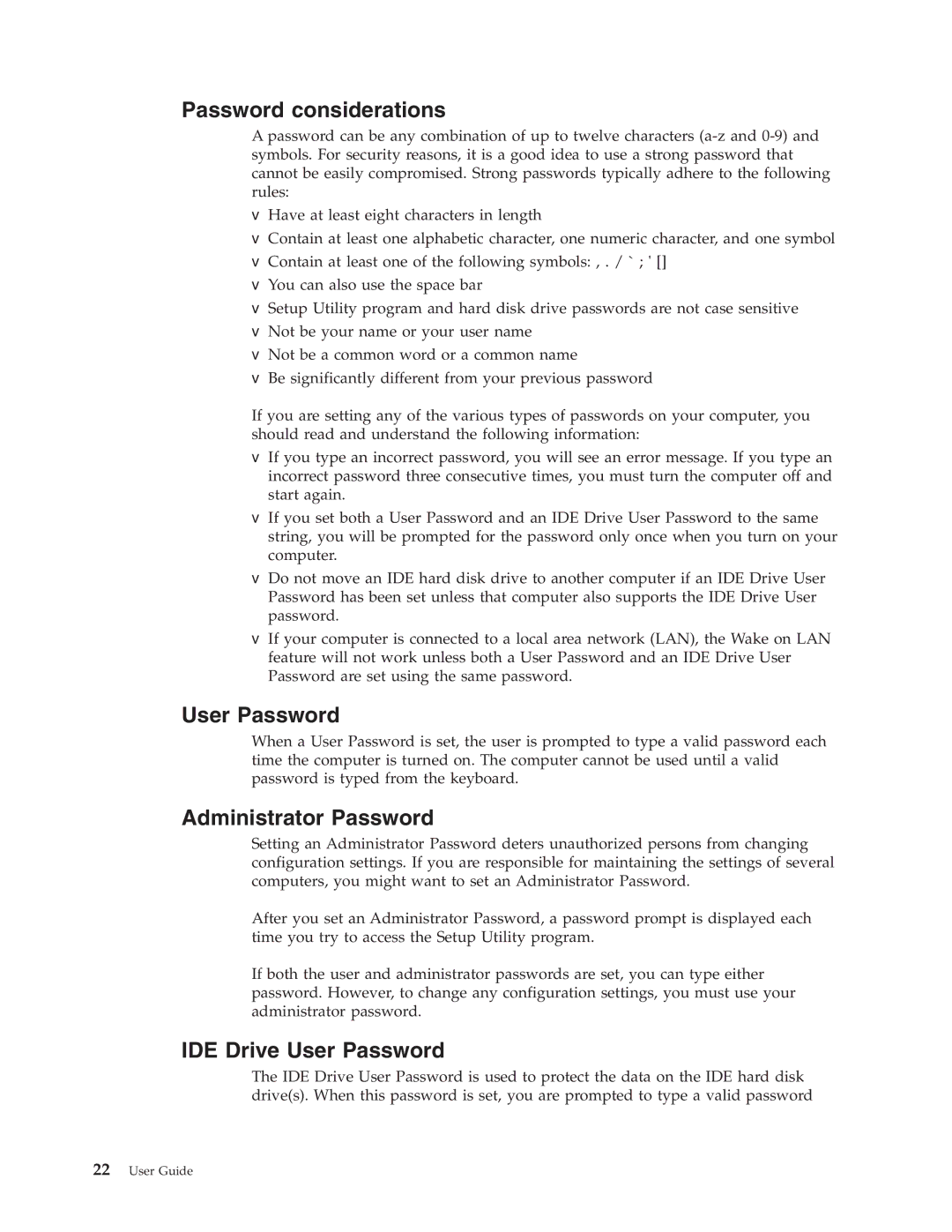 Lenovo 8109, 8121, 8119, 8120, 8107, 8105, 8108 Password considerations, Administrator Password, IDE Drive User Password 