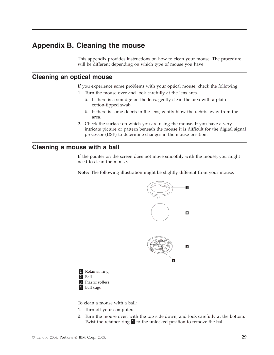 Lenovo 8119, 8121, 8120, 8107, 8105 Appendix B. Cleaning the mouse, Cleaning an optical mouse, Cleaning a mouse with a ball 