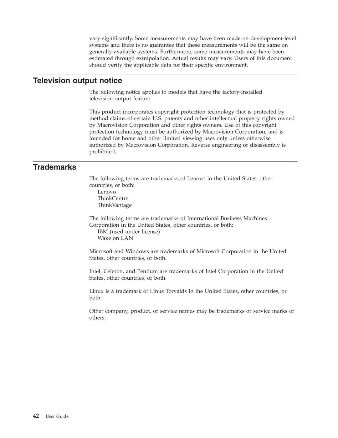 Lenovo 8107, 8121, 8119, 8120, 8105, 8109, 8108, 8104, 8118, 8117, 8106 manual Television output notice, Trademarks 