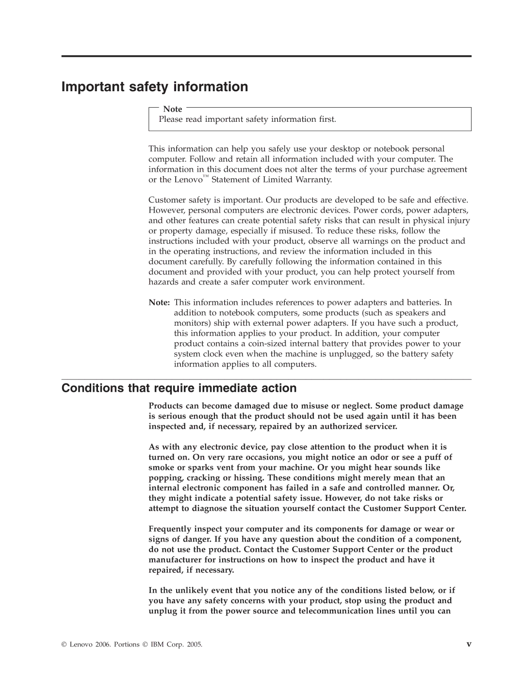 Lenovo 8104, 8121, 8119, 8120, 8107, 8105, 8109, 8108 Important safety information, Conditions that require immediate action 