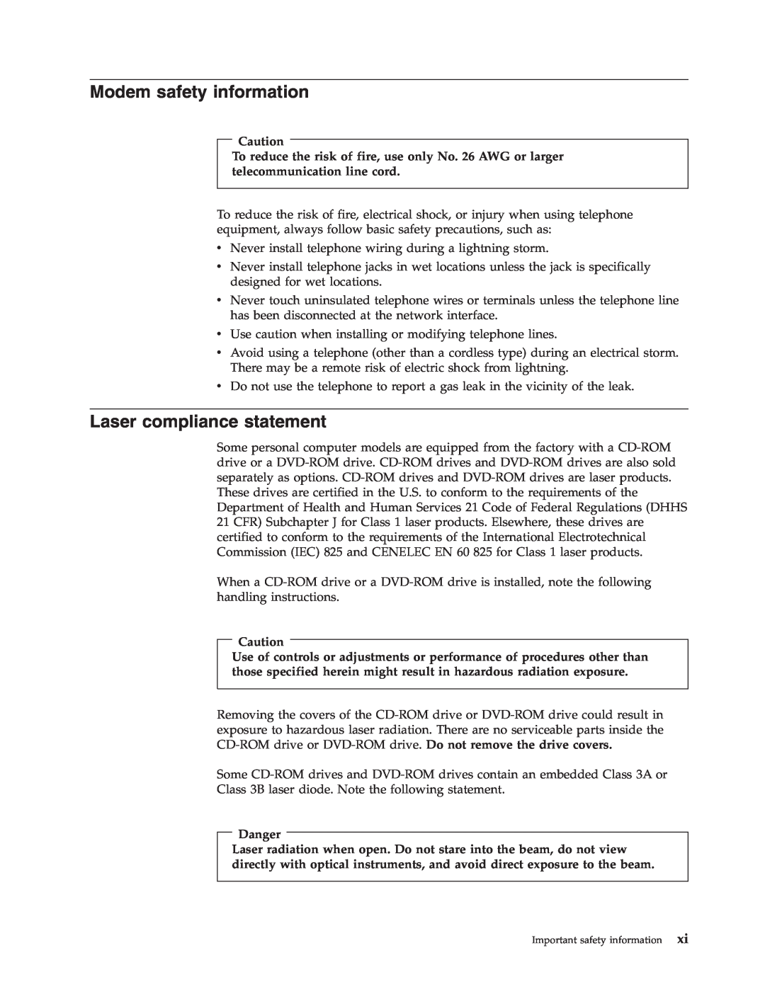 Lenovo 8133, 8135, 8136, 8129, 8132, 8134 manual Modem safety information, Laser compliance statement 