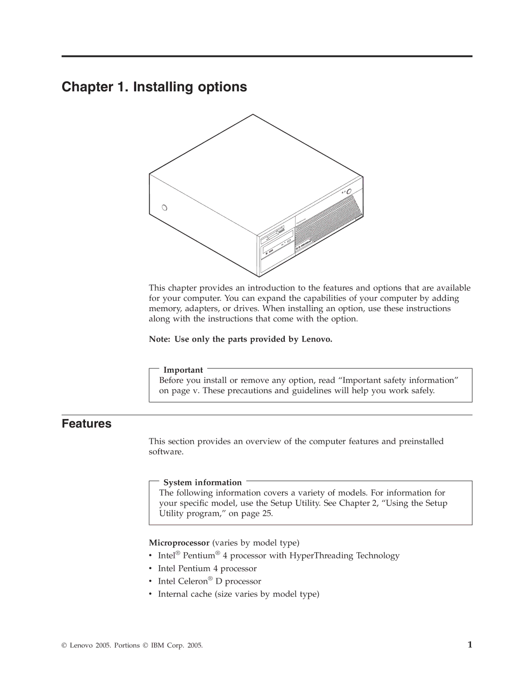 Lenovo 8134, 8135, 8133, 8136, 8129, 8132 manual Installing options, Features 