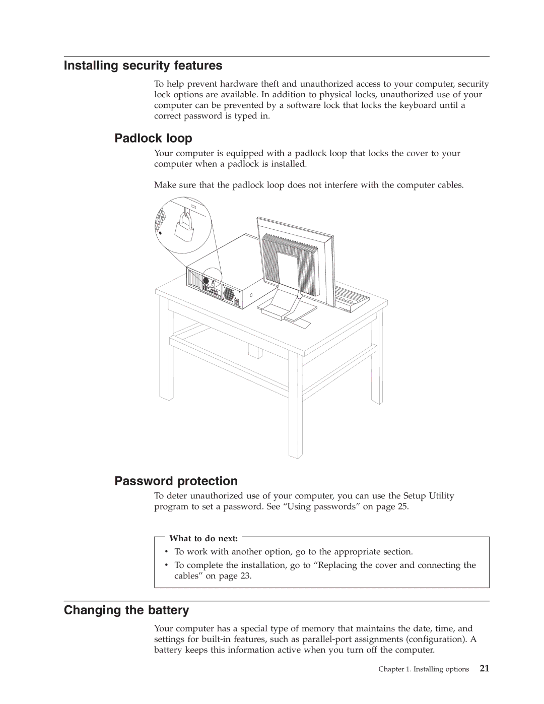 Lenovo 8133, 8135, 8136, 8129, 8132 Installing security features, Padlock loop, Password protection, Changing the battery 