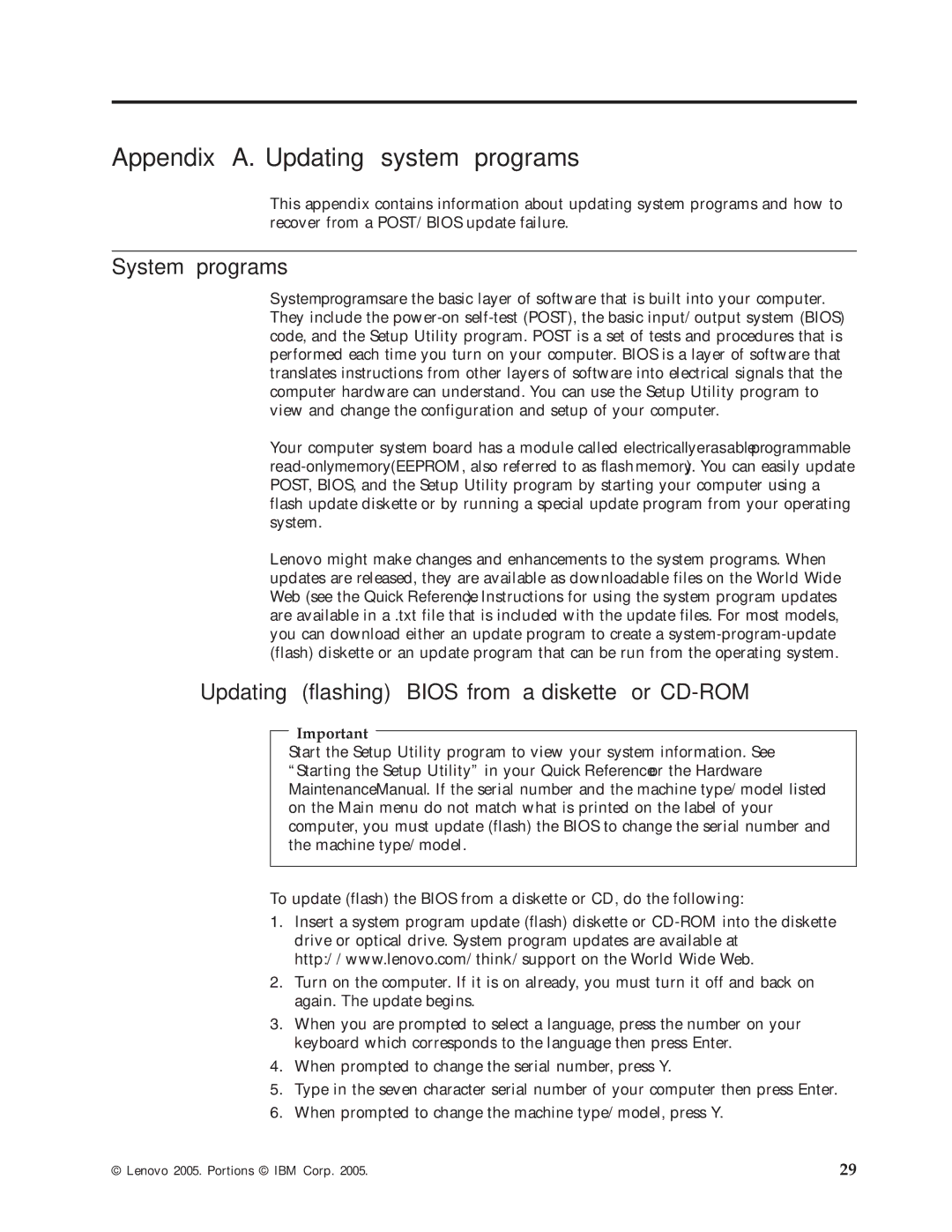 Lenovo 8129, 8135 Appendix A. Updating system programs, System programs, Updating flashing Bios from a diskette or CD-ROM 