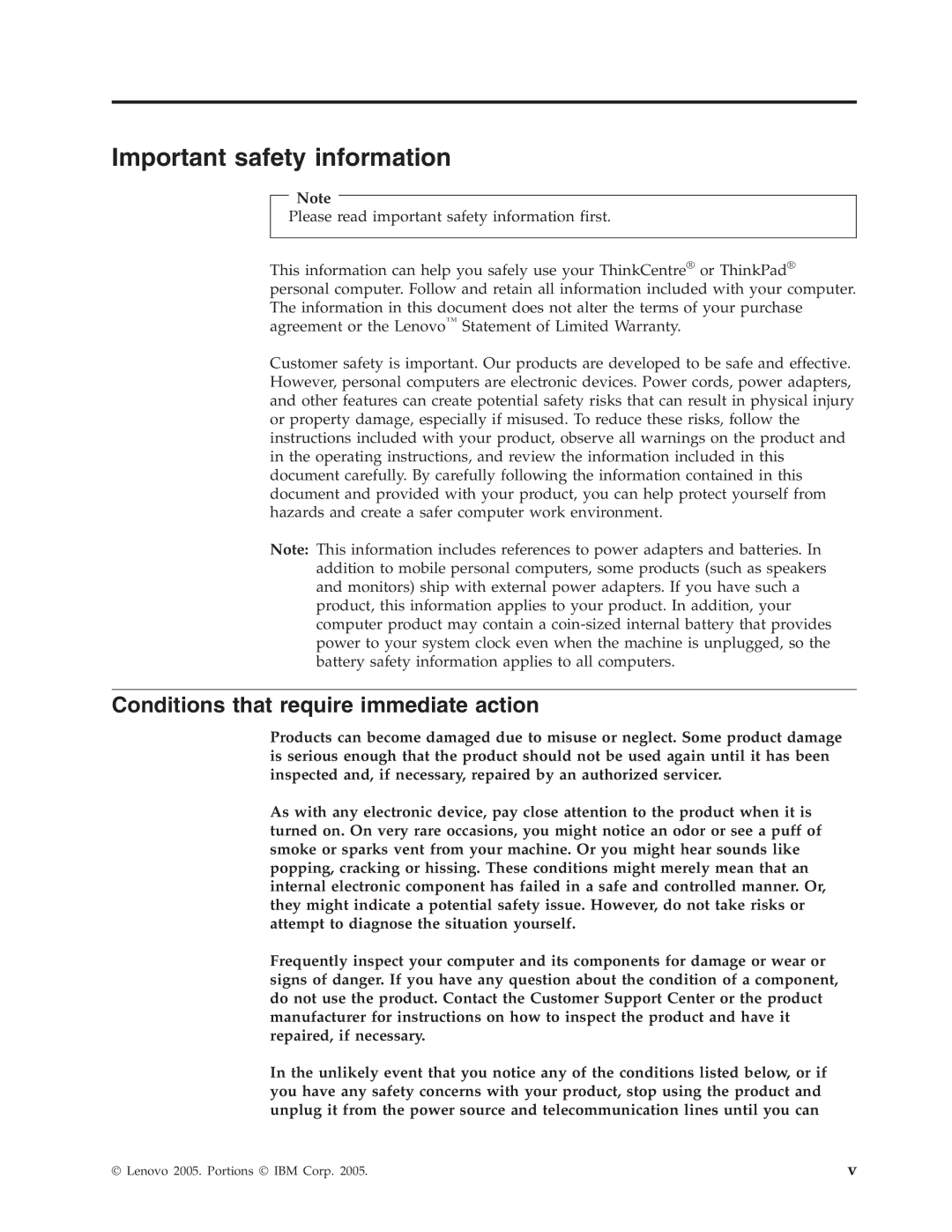 Lenovo 8133, 8135, 8136, 8129, 8132, 8134 manual Important safety information, Conditions that require immediate action 